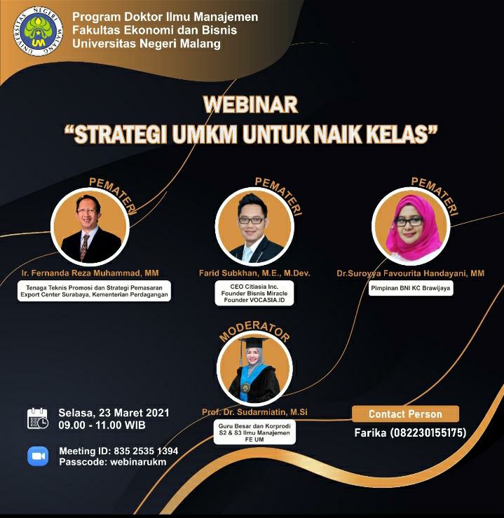 WEBINAR S3 ILMU MANAJEMEN TERKAIT IMPLENTASI KEBIJAKAN PEMERINTAH TTG UMKM NAIK KELAS